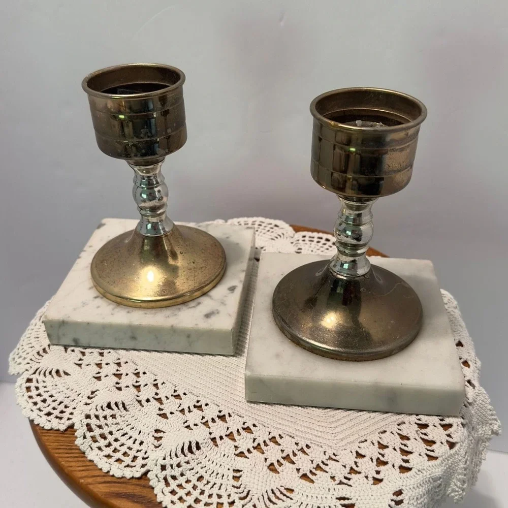 Vintage Brass Silver Metal Candle Holders White Marble Square Base Pair Set of 2